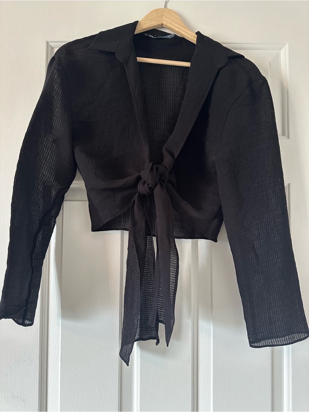 Zara Black Sheer Tie-Front Cropped Blouse